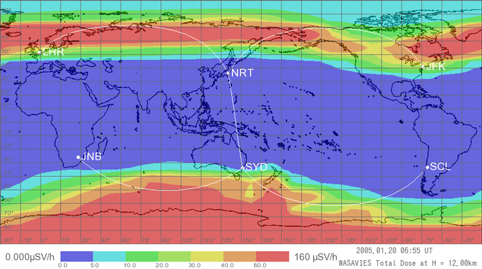 Figure 2. Estimated exposure dose distribution due to space and solar radiation at aircraft altitudes during a past large-scale solar storm
